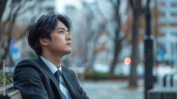 Fototapeta 都会の公園のベンチに座って物思いにふけるスーツ姿の若いアジア人男性