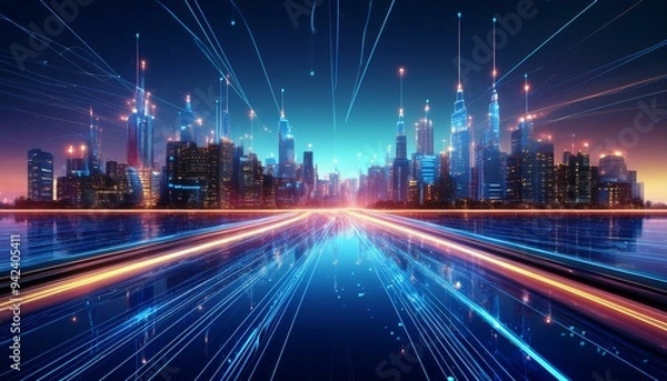 Fototapeta A futuristic city skyline with fiber-optic cables running across the sky, glowing softly aga