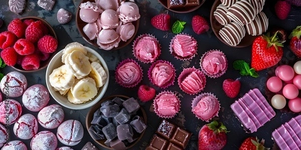 Fototapeta Strawberry, banana, raspberry, mint, chocolate, dark chocolate in a bowl, top view 