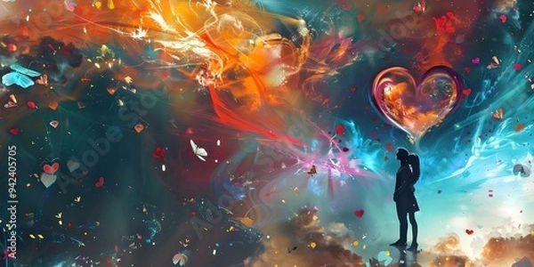 Fototapeta Abstract colors background with heart and silhouette 