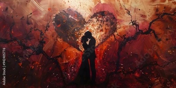 Fototapeta Couple with red wall with a heart on it