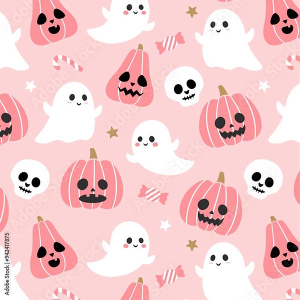 Fototapeta Seamless cartoon halloween pattern in pink background. Pink Halloween ghost pumpkin and skull vector in flat style. Vector illustration.