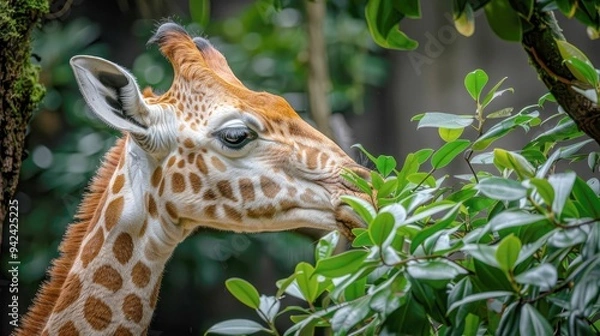 Obraz Giraffe Eating Leaves from a Tree Branch