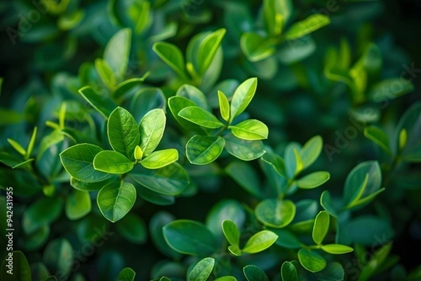 Fototapeta Close up of green leaves on a boxwood tree in a blurred garden background. High quality photo at a high resolution