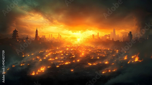 Fototapeta A city engulfed in flames, with the skyline visible in the background as the sun sets.