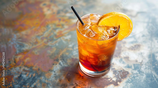 Fototapeta A glass of drink with a slice of orange on top. The drink is served in a short glass with a black straw