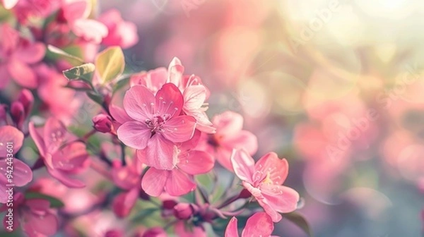 Fototapeta Pink flower blossoms on spring background with soft focus