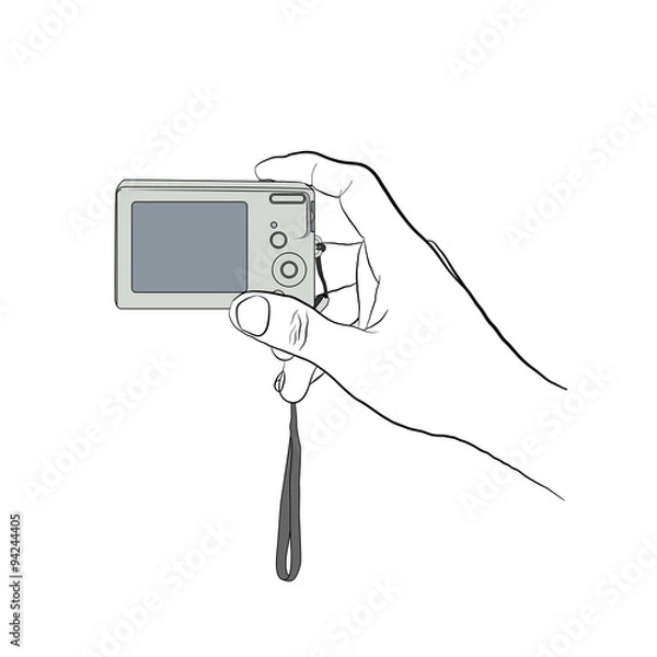 Fototapeta Male hand line art style with colored digitl camera. Man holding digital camera. Man pushing button on digital camera. Hand with digital camera on transparent background.