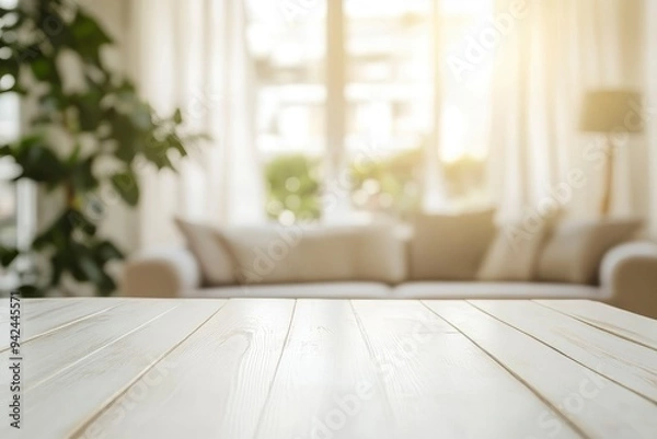 Fototapeta White top table in living room background blured with generative ai