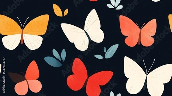 Fototapeta Whimsical Flutter: A seamless pattern of vibrant butterflies dancing on a dark backdrop, evoking a sense of joy and tranquility. 