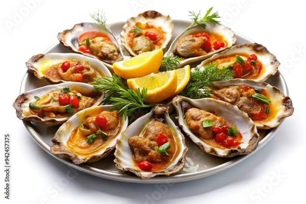 Fototapeta A platter of grilled oysters on a white background. The oysters are topped with a savory sauce and garnished with herbs and lemon slices. This image would be ideal for a food blog, cookbook, or restau