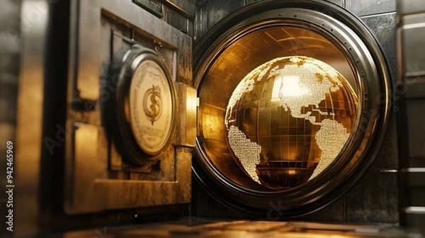 Fototapeta 3D Rendering of a Golden Globe Inside an Open Bank Vault, Featuring Prominent Currency Symbols on Its Surface, Representing the Security and Storage of Global Wealth
