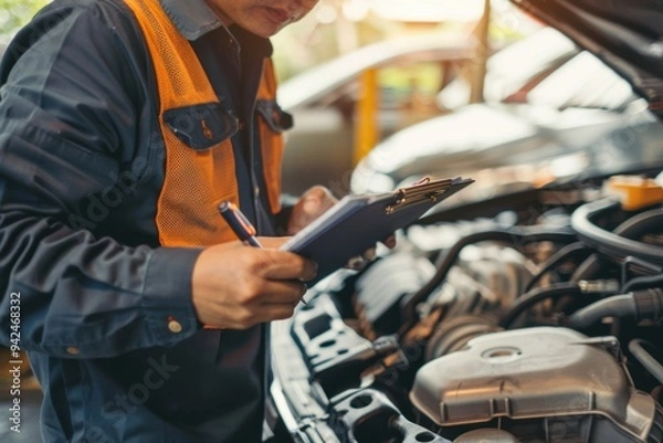 Fototapeta Closeup car repairman writing job checklist on clipboard and standing in front of open car engine