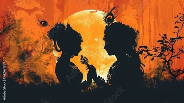Obraz Silhouette of Krishna and Radha in Front of a Full Moon