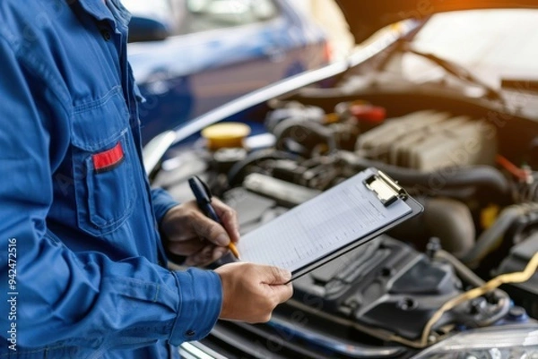 Fototapeta Closeup car repairman writing job checklist on clipboard and standing in front of open car engine