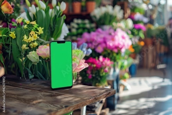 Fototapeta hand holds smartphone with blank green screen in flower shop background
