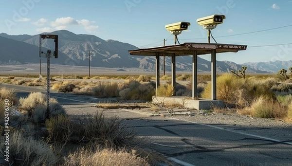 Fototapeta A photo of an abandoned rest stop with two LED cameras on top