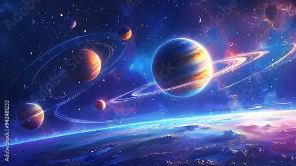 Fototapeta An artistic rendition of a celestial scene portraying multiple vibrant planets with glowing rings against a deep blue nebulous background, ideal for themes related to space and astronomy, illustration