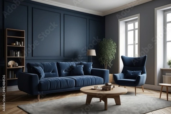 Fototapeta Modern Living Room with Blue Velvet Sofa and Armchair