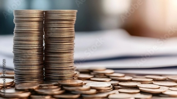 Fototapeta Two Stacks of Gold Coins Financial Success Concept