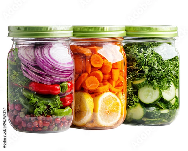 Fototapeta Colorful jars filled with fresh vegetables, ideal for healthy recipes and meal prep. Perfect for food photography and cooking ideas.