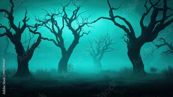 Fototapeta Eerie mist envelops twisted trees, creating a haunting atmosphere in a dark forest. Perfect for spooky themes and mystery.