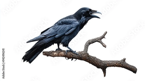 Fototapeta Halloween set clipart, eerie raven perched on a branch, dark and ominous, isolated on white background