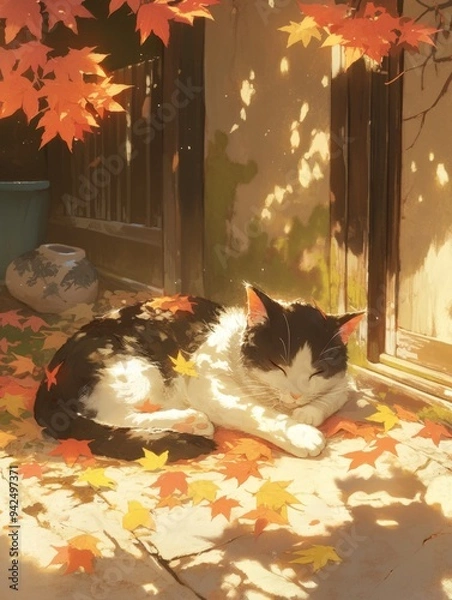 Obraz Lazy Cat's Autumn Bliss: Whimsical Anime-Style Feline Lounging Under Falling Leaves - Creative Marketing Template for International Sloth Day, Seasonal Promotions, and Cultural Inclusivity Campaigns
