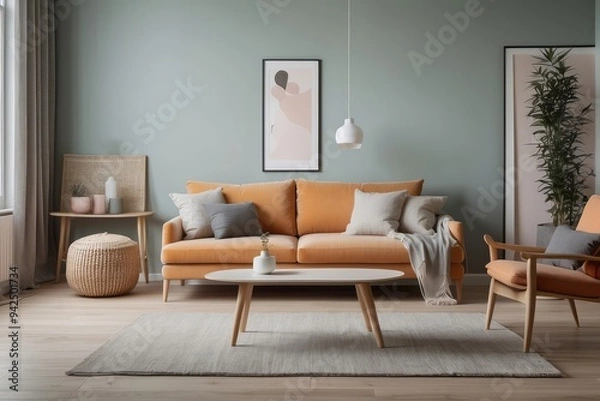 Fototapeta Modern Living Room Interior with Orange Sofa and Armchair