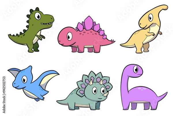 Fototapeta Cute dinosaur cartoon character set featuring colorful and happy dinos, perfect for kids. Includes T-Rex, pterodactyl, triceratops, and more. Isolated on white background.