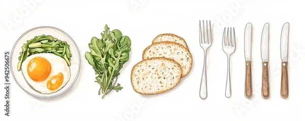Fototapeta A delicious breakfast spread featuring eggs, greens, bread slices, and cutlery arranged elegantly on a simple background.