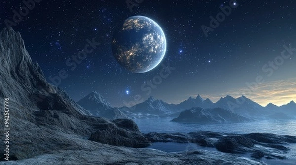 Fototapeta Alien Planet Landscape with Mountains and Large Moon