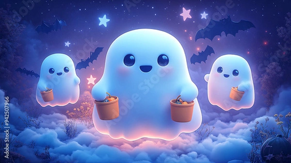 Obraz Adorable cartoon ghosts joyfully floating with candy buckets under a starry night sky, perfect for Halloween-themed designs.