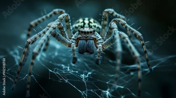 Fototapeta A close-up shot of a tiger spider, poised in the center of its elaborate web against a dimly lit background, showcasing the intricate details of both the spider and its web