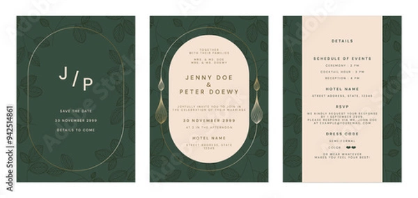 Obraz Wedding invitation template set, minimal elegant leaves in green and gold tones