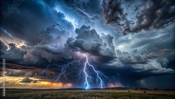 Fototapeta Dramatic storm with dark clouds and lightning striking in ominous sky