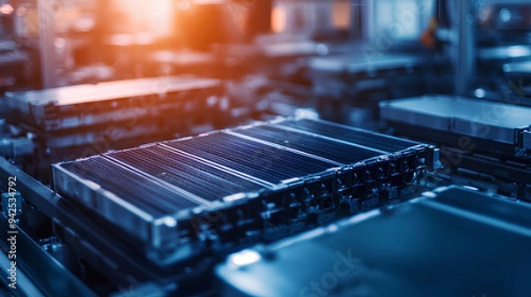 Obraz Mass production assembly line of electric vehicle battery cells close-up view