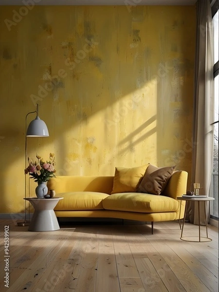 Fototapeta Worn effect wall in pastel yellow and deep yellow in a modern living room with light wooden floor and large window