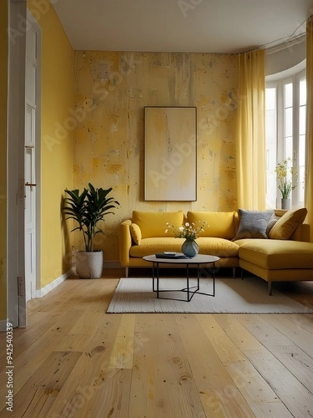 Fototapeta Worn effect wall in pastel yellow and deep yellow in a modern living room with light wooden floor and large window