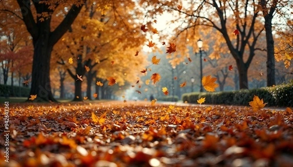 Fototapeta Colorful Autumn Leaves Falling Gracefully in Peaceful Park Setting, Golden Hour Tranquility