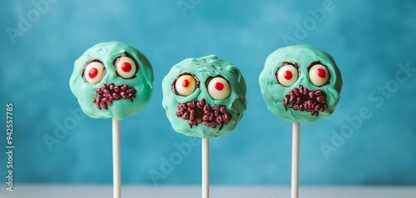 Fototapeta Cake pops shaped like zombies, with green icing, exposed brains, and candy eyes halloween cake pop concept.