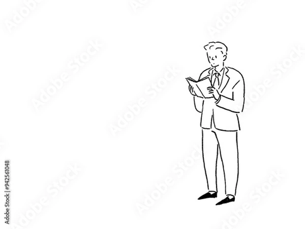 Fototapeta 本を読むスーツを着た男性、線画
