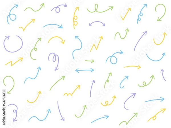 Fototapeta 手書きの矢印アイコンのベクターイラストセット。方向、手描き、シンプル、やじるし