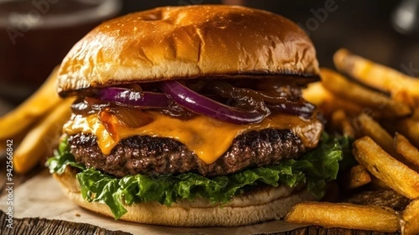 Fototapeta A juicy Wagyu burger with melted cheese, caramelized onions, and lettuce on a toasted bun, accompanied by fries . --ar 16:9 --v 6.1 Job ID: f85261c1-7241-4685-acea-a41f4f2fcd61