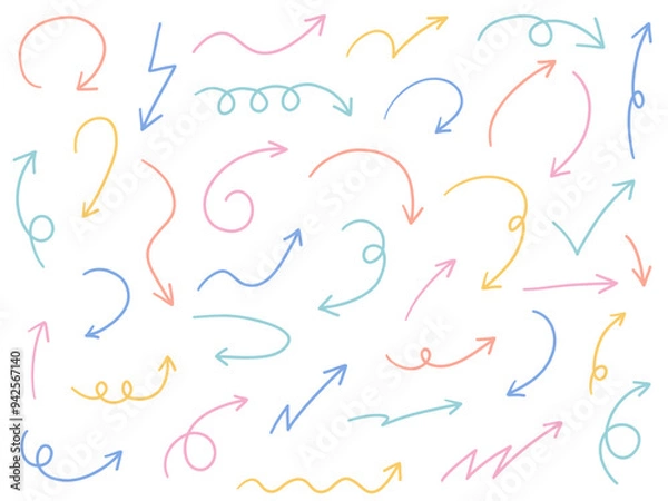 Fototapeta 手書きの矢印アイコンのベクターイラストセット。方向、手描き、シンプル、やじるし
