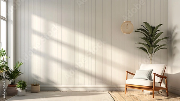 Fototapeta A white armchair with a light blue cushion sits in a bright living room with a large window and wood floors.
