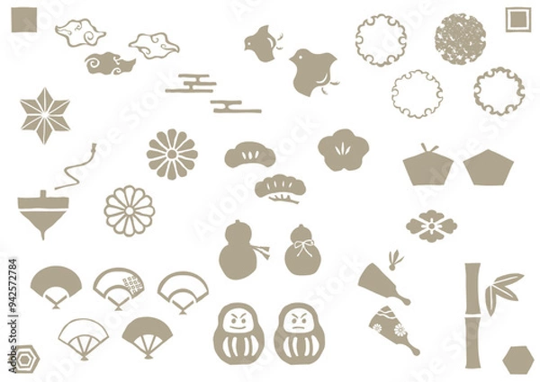 Obraz 手彫りスタンプ風のお正月モチーフのアイコン素材セット