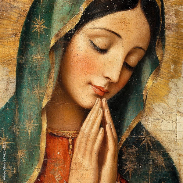 Fototapeta a portrait oil painting of our lady of Guadalupe. AI generative