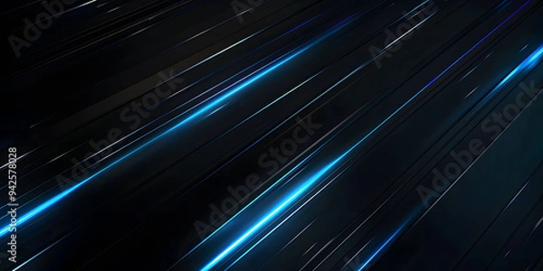 Fototapeta Abstract blue glowing neon lines on a black background with , featuring futuristic geometric shapes and fluid stripes, perfect for technology-inspired designs or high-tech digital art.