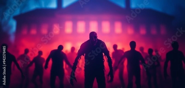 Fototapeta A spooky Halloween party scene with zombies dancing, drinking, and mingling in a dark, haunted house zombie halloween party concept.